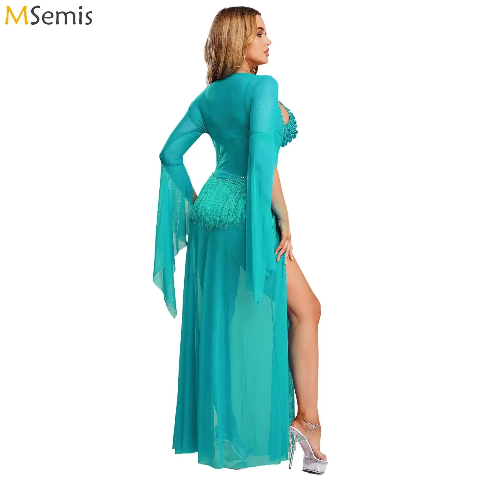 

Женское египетское индийское платье макси со стразами и разрезом по подолу, костюм для танца живота, платье макси с рукавами-колокольчиками и кисточками