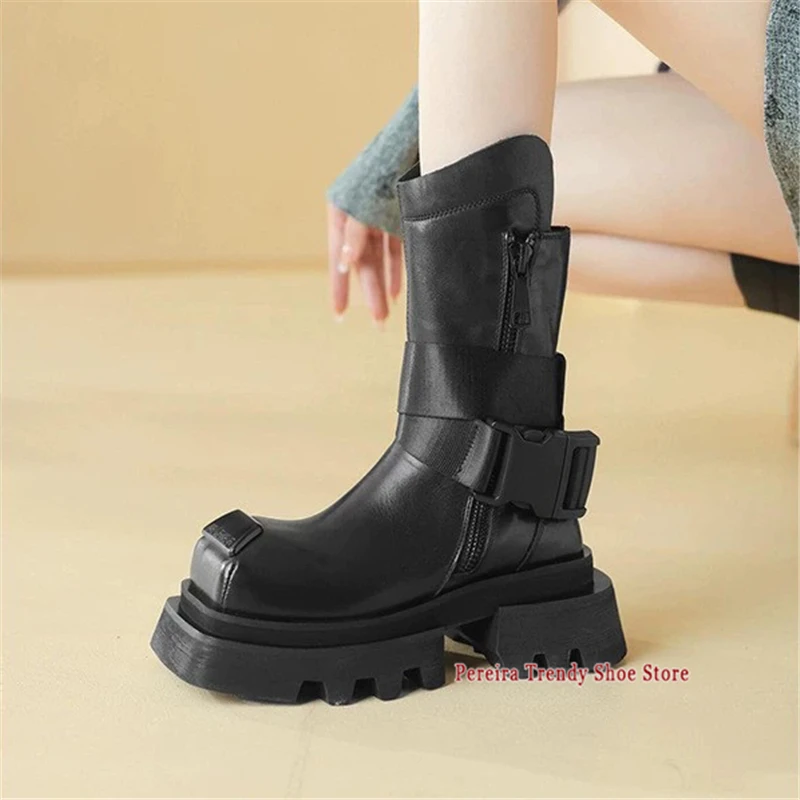 Square Toe Thick Soled Motorcycle Boots Couple Casual Shoes Autumn Winter Men Women Black Leather Buckle Platform Short Boots