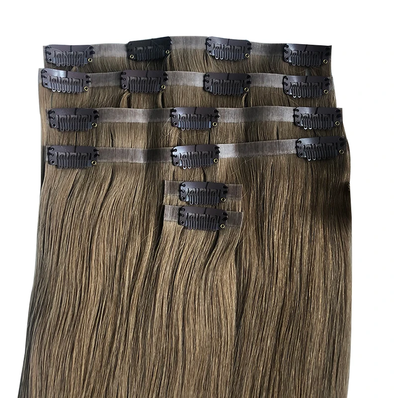 Clip en Extensions de cheveux PU vrais cheveux humains cheveux vierges naturels brésilien droit pleine tête 6 pièce/ensemble postiche naturelle 14-26 pouces