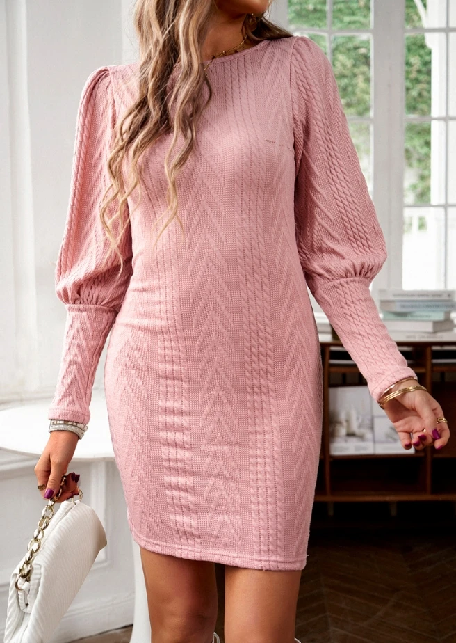 

Womens Dresses 2024 Spring Slimming Solid Color Casual Round Neck Long Sleeved Skinny Hip Hugging Knitted Daily Mini Dress