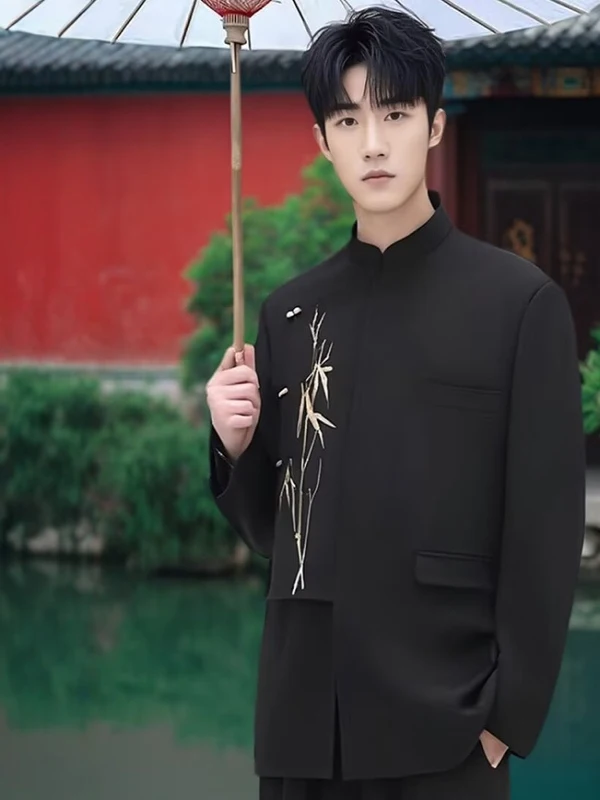 

Молодежный китайский костюм с вышивкой из бамбука и воротником-стойкой, дэт, мужской элитный костюм Тан в стиле вестерн, повседневный летний модный костюм