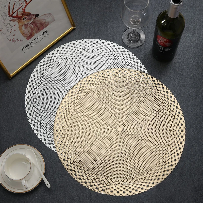 Round Placemats Restaurant Leaf PVC Hollow Meal Pads 38cm Anti-hot Dining Table Mats Set Gold Silvery Weave Pattern Tablemat