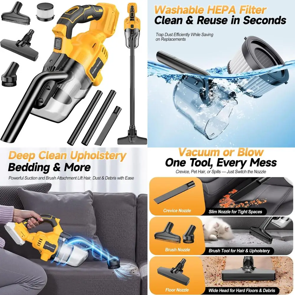 

Ручной пылесос на батарейках 20 В, всасывание 16000 Па, 2 фильтра HEPA, 4 насадки, портативный для автомобилей, дома, гаража