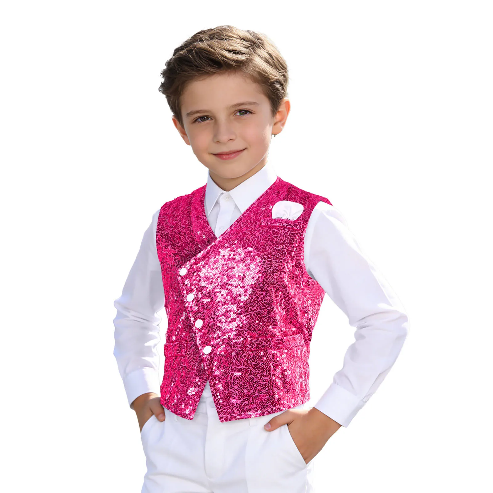 어린이 소년 반짝이 스팽글 댄스 조끼 패션 아동 버튼다운 조끼 탱크탑 생일 파티 프롬 웨딩 코스튬 조끼