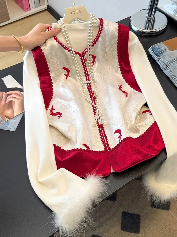 

Chinese Sle Thiened Cotton Vest Outerwear Women's Autumn Winter Faion Set Red New Year's Clothing Base irt Two-Piece Set