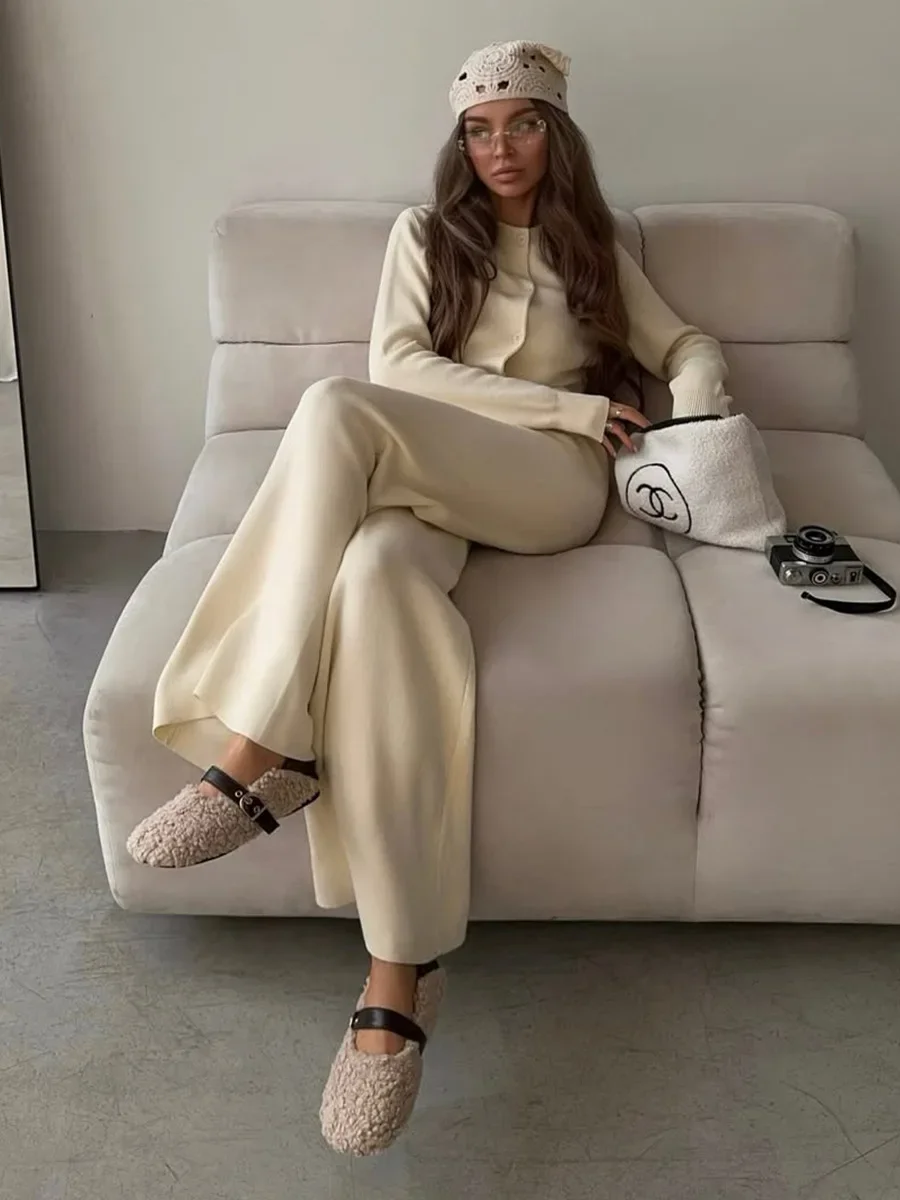 

Wolfeel Women's New Autumn Winter Knit Cardigan Pants Set Slim Fit Long Sleeve Long Trousers Simple Solid Color Sweater Suit