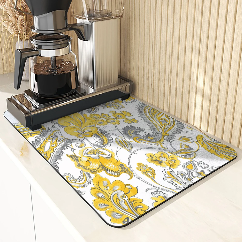 Absorbent Mat Watercolor Floral Foliage Paisley Lines Kitchen Antiskid Drying Mat Quick Dry Bathroom Drain Pad Tableware Mat