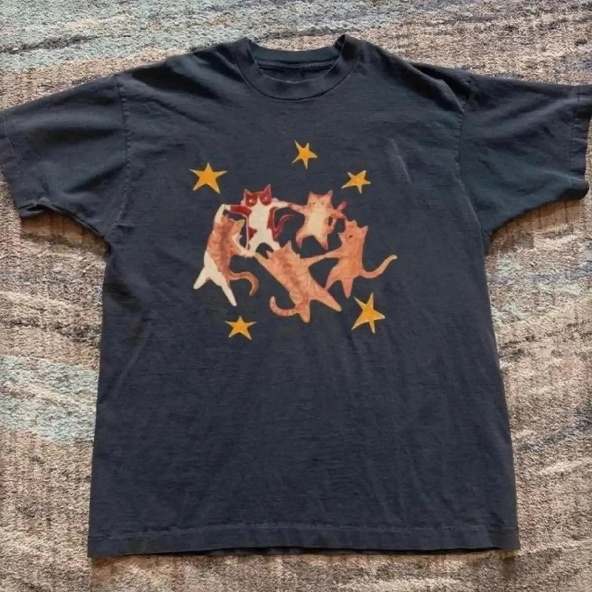 New Summer Hip-hop T-shirt Y2K Dancing Cat and Star Print Short-sleeved Vintage Street Tee Casual Loose Fashion T Shirts Unisex