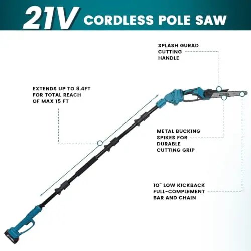 10 Inch Pole Saw with Telescopic High Branch Pole, Pruning Shear Scissors & 2x 4000mAh Batteries Cordless Extendable Tree