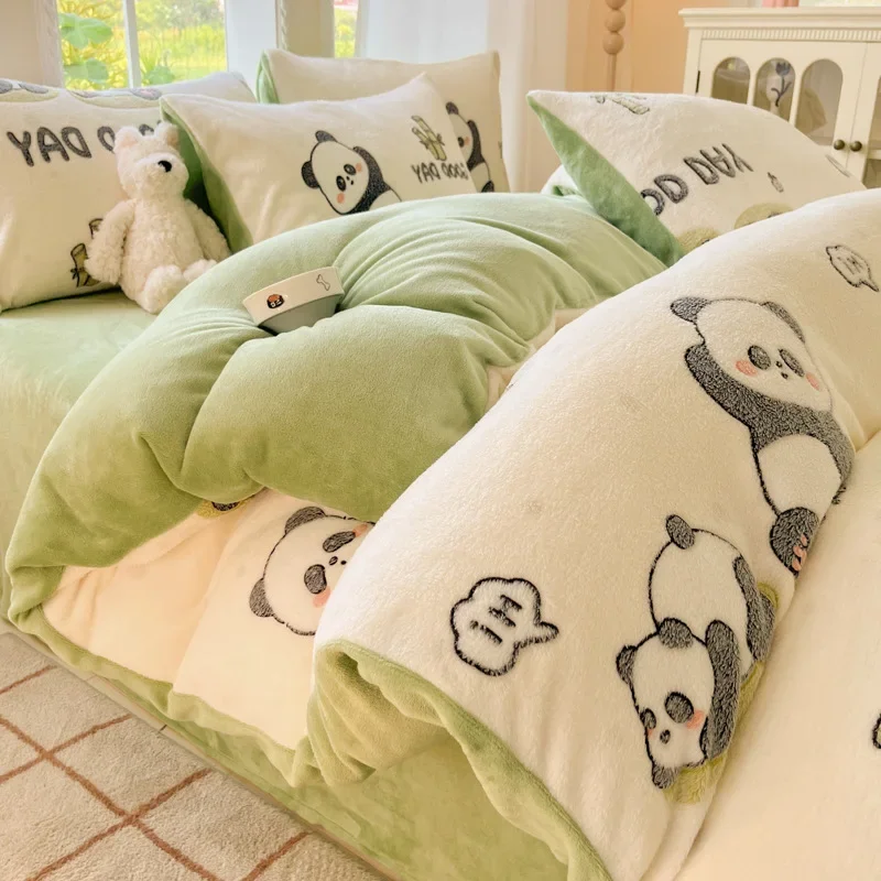 Autumn Winter Cozy Milk Velvet Bedding Set Kawaii Cartoon Rabbit Panda Strawberry Flannel Duvet Cover Sheet Pillowcase Bed Set