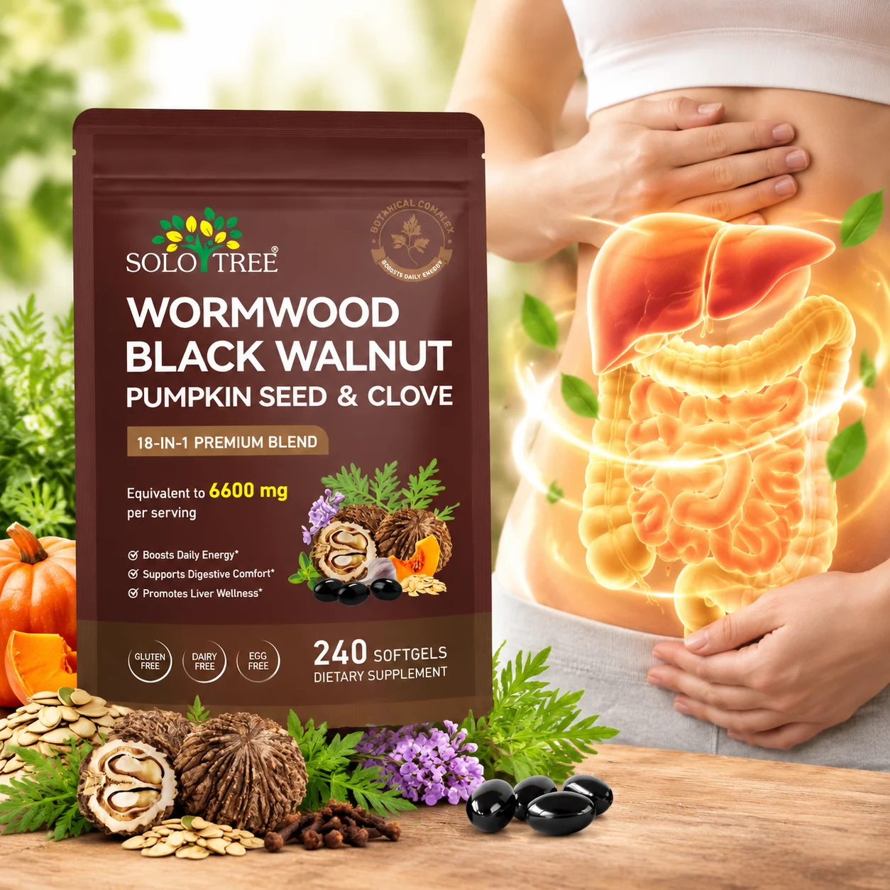 Wormwood Black Walnut Herbal Softgels, for Gut Comfort Liver Wellness & Daily Vitality, Pumpkin Seed Clove Complex, 240 Softgels
