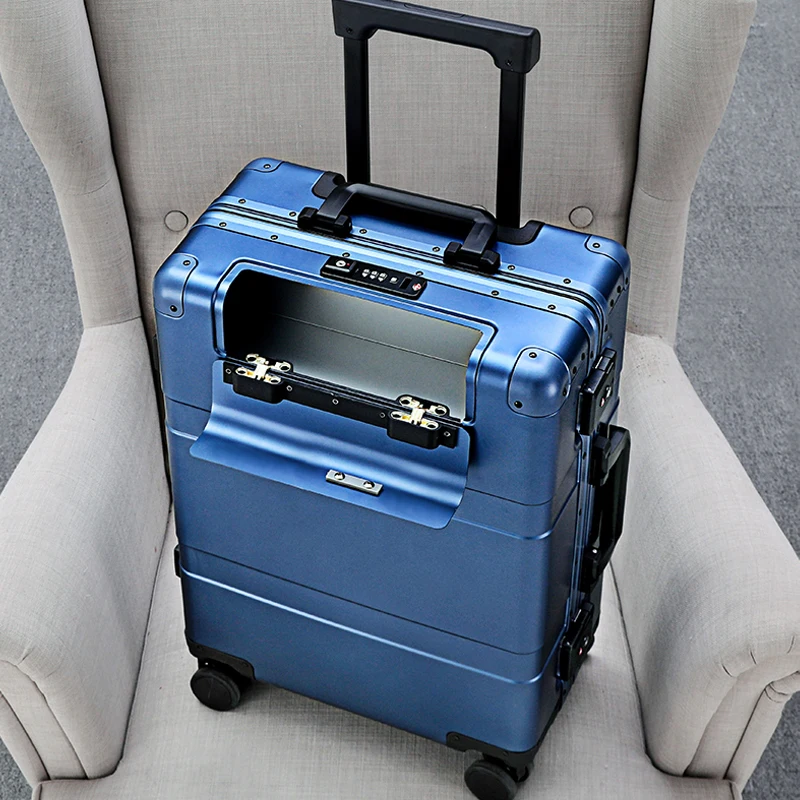 Bagages de voyage tout en aluminium à ouverture frontale, coffre à barre de traction d'affaires, valise à roulettes pour hommes et femmes, boîte rigide à main, 20 po, 24/28 po