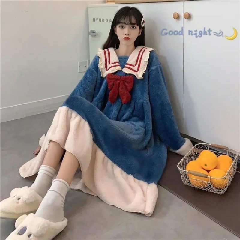 Sailor Collar Nightgown Sleepwear Womens Fleece Night Dress Winter One Piece Pajamas Korean Style Bow Knee Length Home Wear 2023