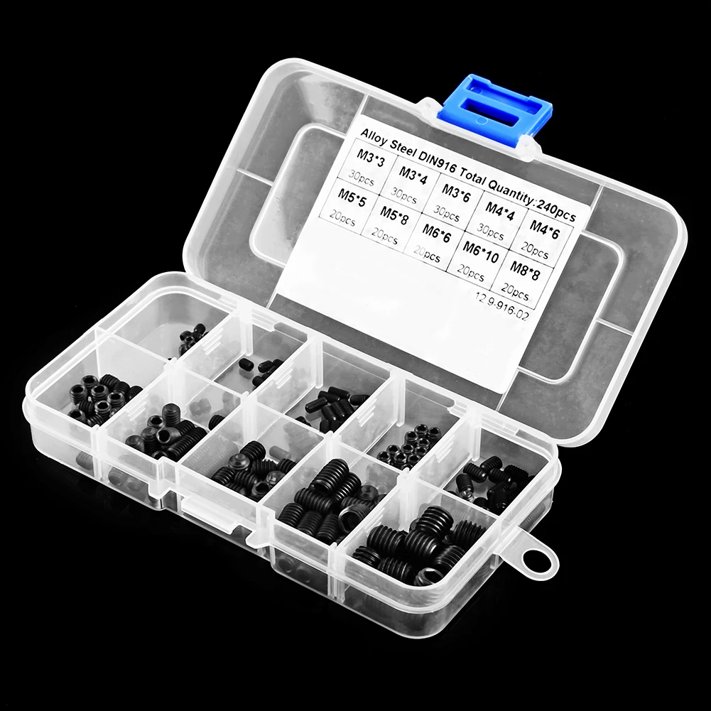 240 Socket Screw Assortment  Head Socket Hex Set Grub Screw Box Kit DIN916 M3-M8 bolt assortment Alloy Steel nut assortment