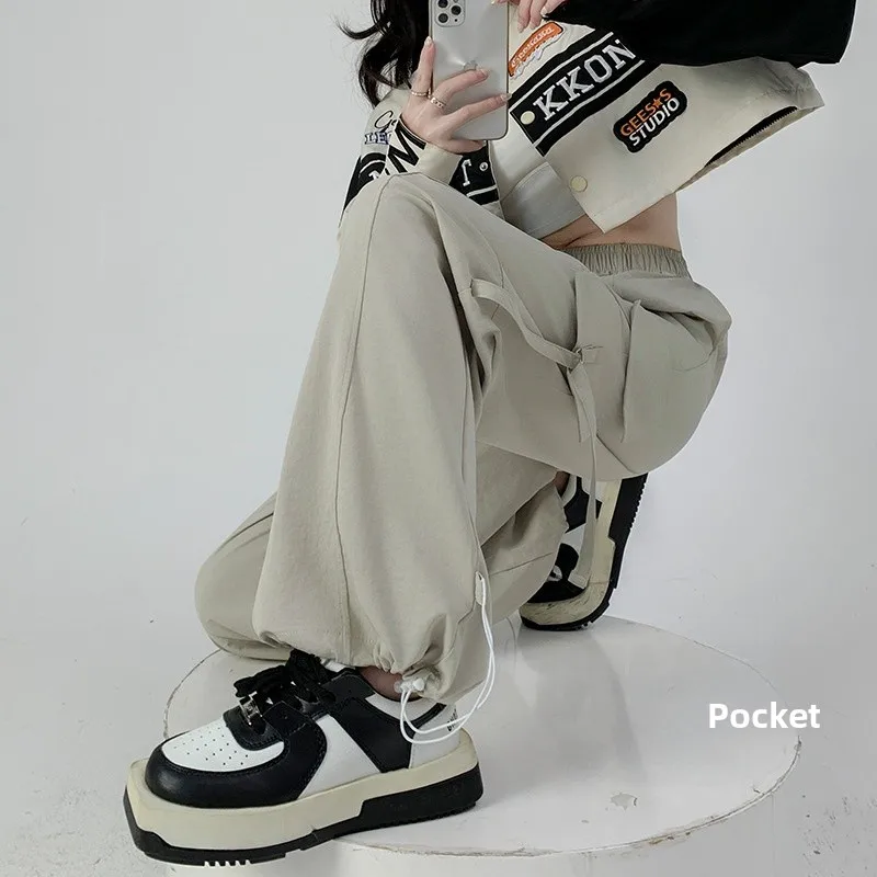 

Широкие брюки в американском стиле для женщин, свободного кроя, повседневные, спортивные, с высокой талией, из полиэстера с микроэластаном