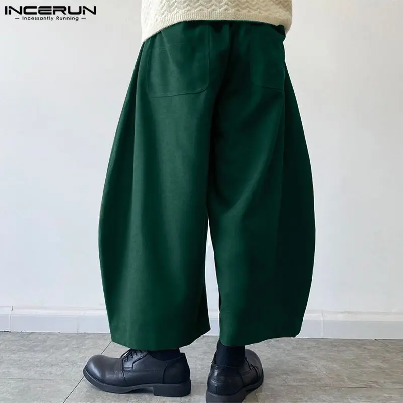 INCERUN Men Pants Solid Color Elastic Waist Loose Joggers Casual Wide Leg Trousers Men Streetwear 2024 Oversize Vintage Pants