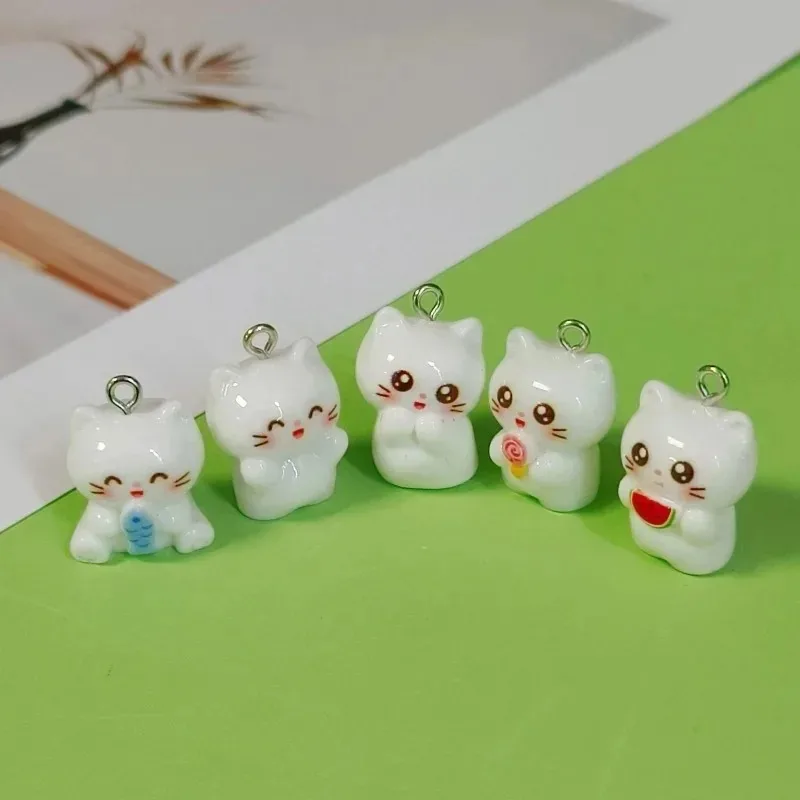 10Pcs Vivid Kawaii 3D White Cat Resin Charms Kitten With Watermelon Lollipop Fish Pendants DIY Ornaments For Necklaces Earrings