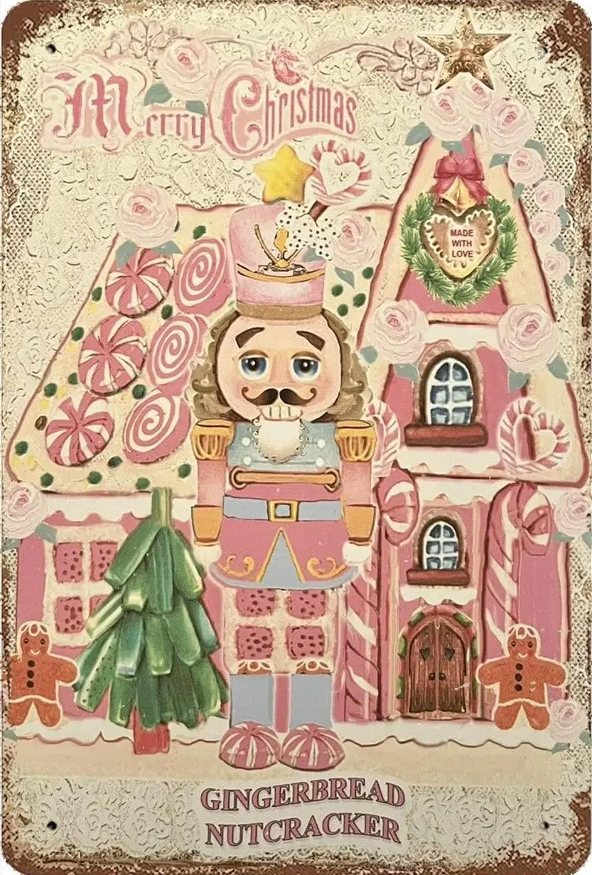 Nutcracker Gingerbread House Pink Christmas Sign Plaque Metal Tin Signs Christmas Party Decorations for Holiday Party Room