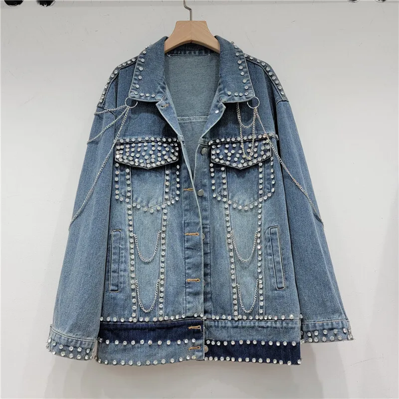 

Heavy Work Diamonds Chain Big Pocket Denim Jacket Women Loose Mid Long Cowboy Outerwear Autumn Vintage Blue Jeans Jacket Female