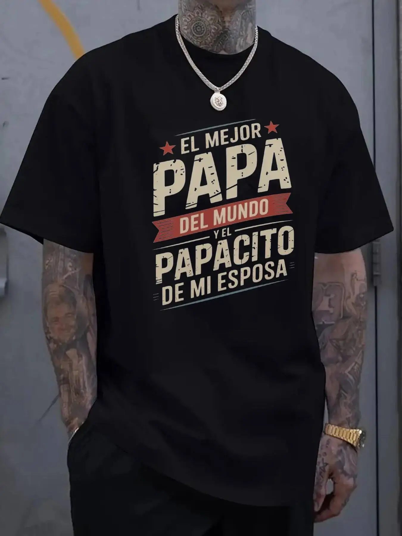 Summer Father's Day A Men's T-Shirt Black With Spanish Inscription "The Best Dad In The World" Printed On It 100% Cotton Trendy