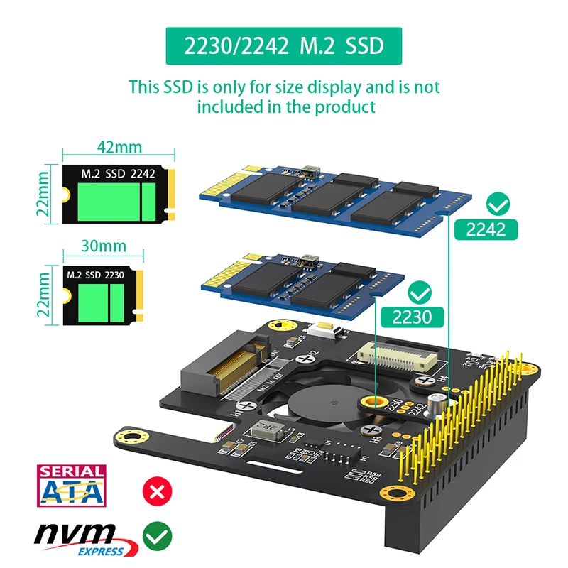 NEW M.2 NVME to PCIe Adapter Supports M2 2230 2242 M Key NVME SSD with Cooler Fan Automatic Discoloration LED for Raspberry Pi 5