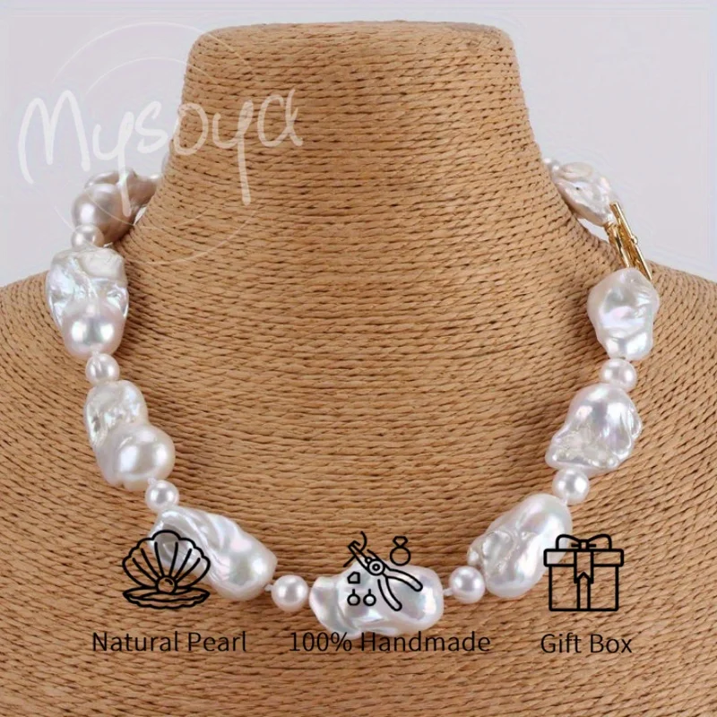 

Mysoya Large White Baroque Freshwater Pearl Necklace 14-16mm Gift Box Gift for Him Her Birthday Wedding Valentine's Day Gift