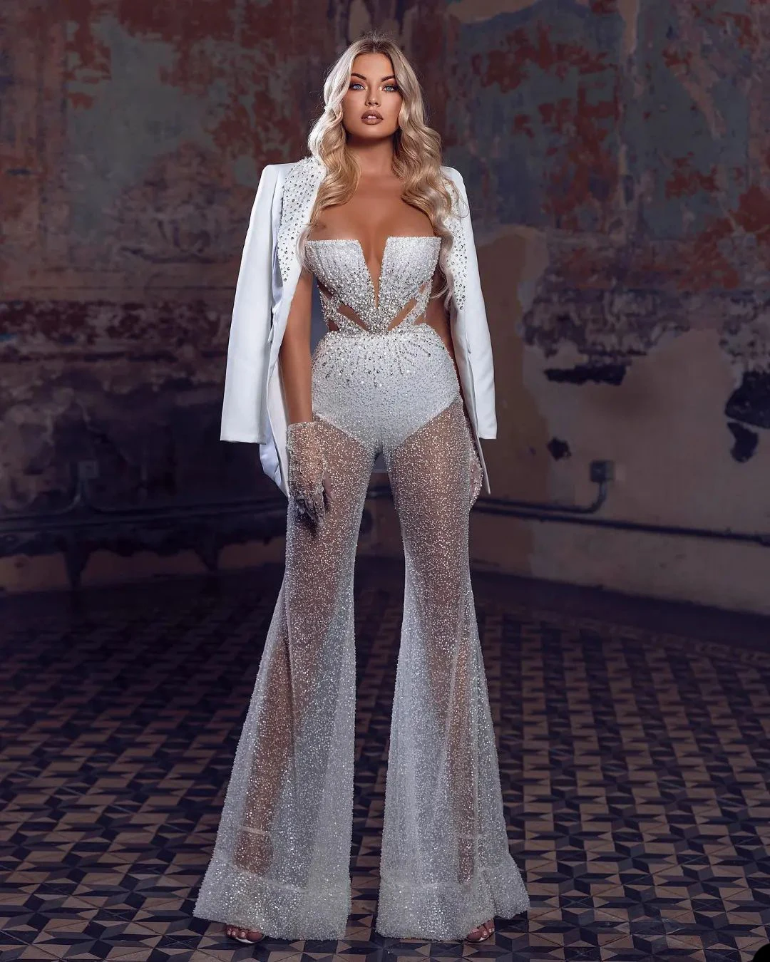 2 Pcs Glamorous Evening Dresses Blazer Jumpsuit Prom Gowns Custom Made Sequins Beaded Off Shoulder Party Dresses