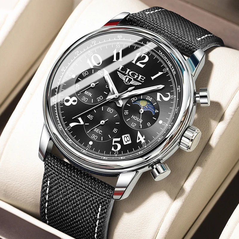LIGE New Sports Watch for Men Fashion Business Black Leather Waterproof Men's Watches 24 Hour Moon Phase Quartz Chronograph Male