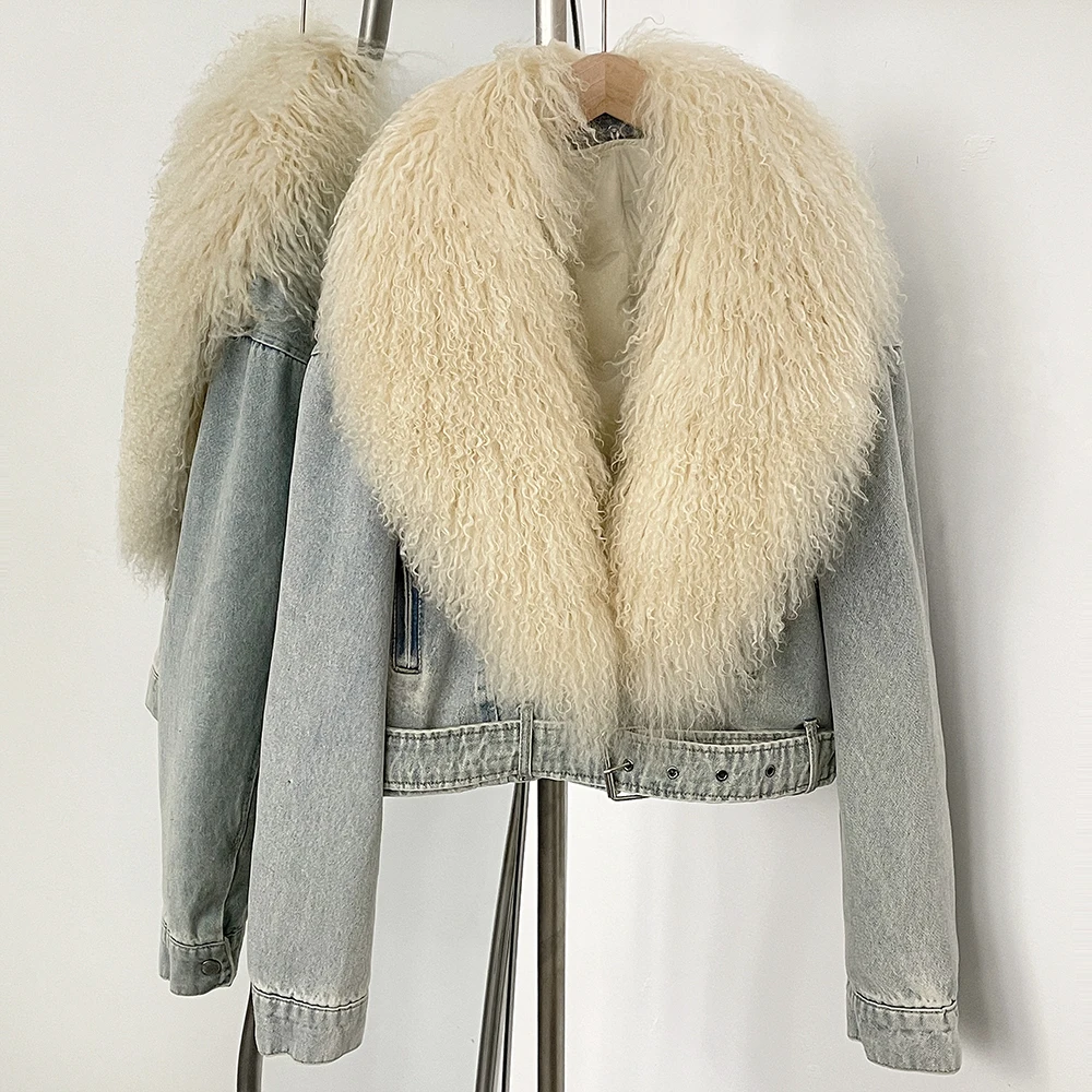 Down Jacket Autumn Puffer Jacket Fluffy Real Fox Fur Collar Short Denim Jacket Female Mongolian Fur Thick Warm Jean Jacket Women