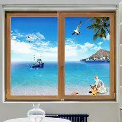 Privacy Windows Film Blue Sea Decorative Window Stickers No Glue Static Cling Frosted Window cling