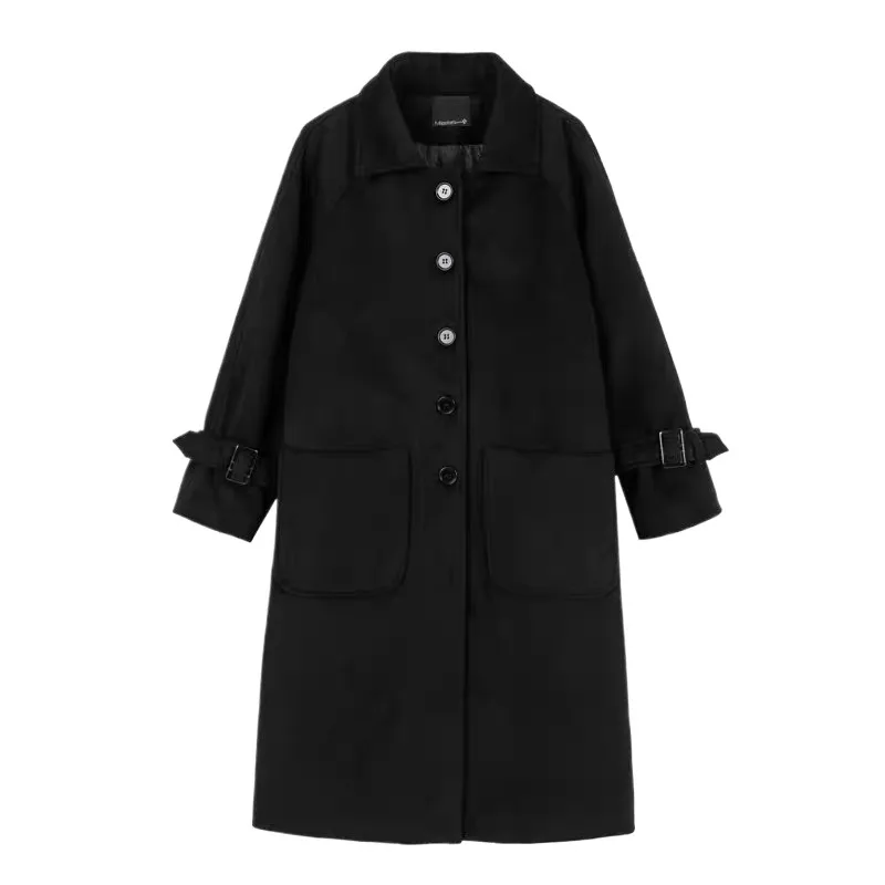 Black Long Over Knee Woolen Coat, Women's Woolen Coat, 2024 Winter New Item, Thick and Loose