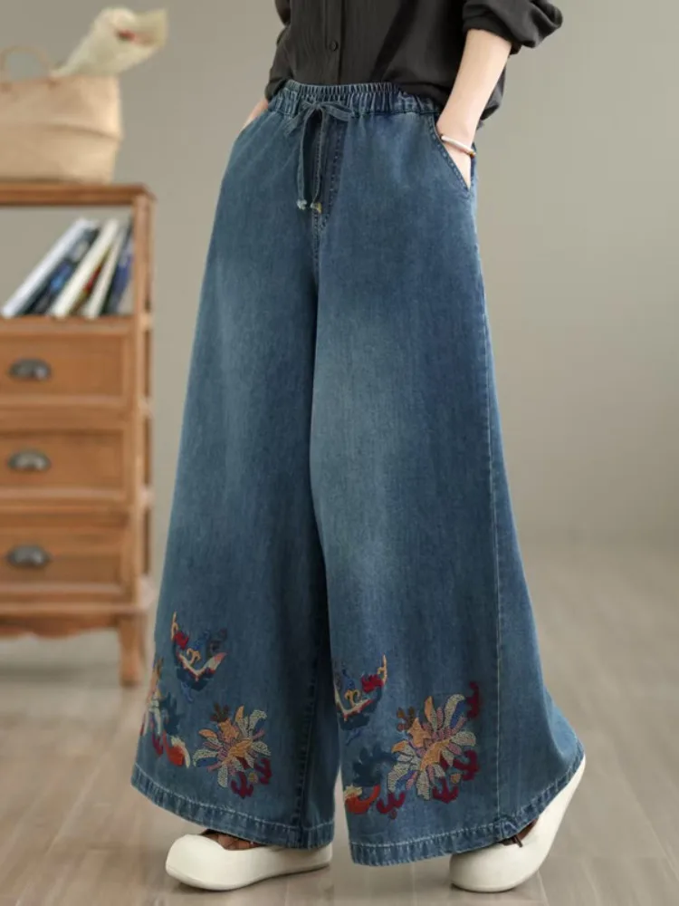 

New Ethnic Sle Heavy Embroidery Wide Leg Jeans Women Summer Large Size Elastic Waist Belted Casual Big Foot Pants