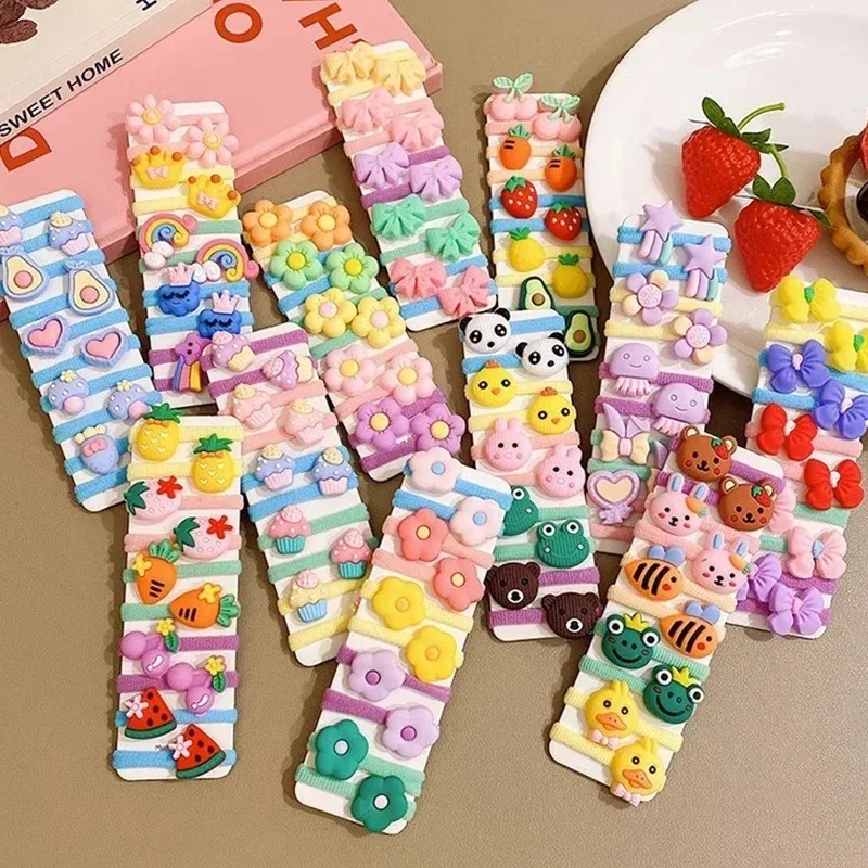 10Pcs/Set Girls Cute Cartoon Fruit Rubber Bands High Elastic Hair Ropes Child Headwear Hair Accessories Kids Headband Ornaments