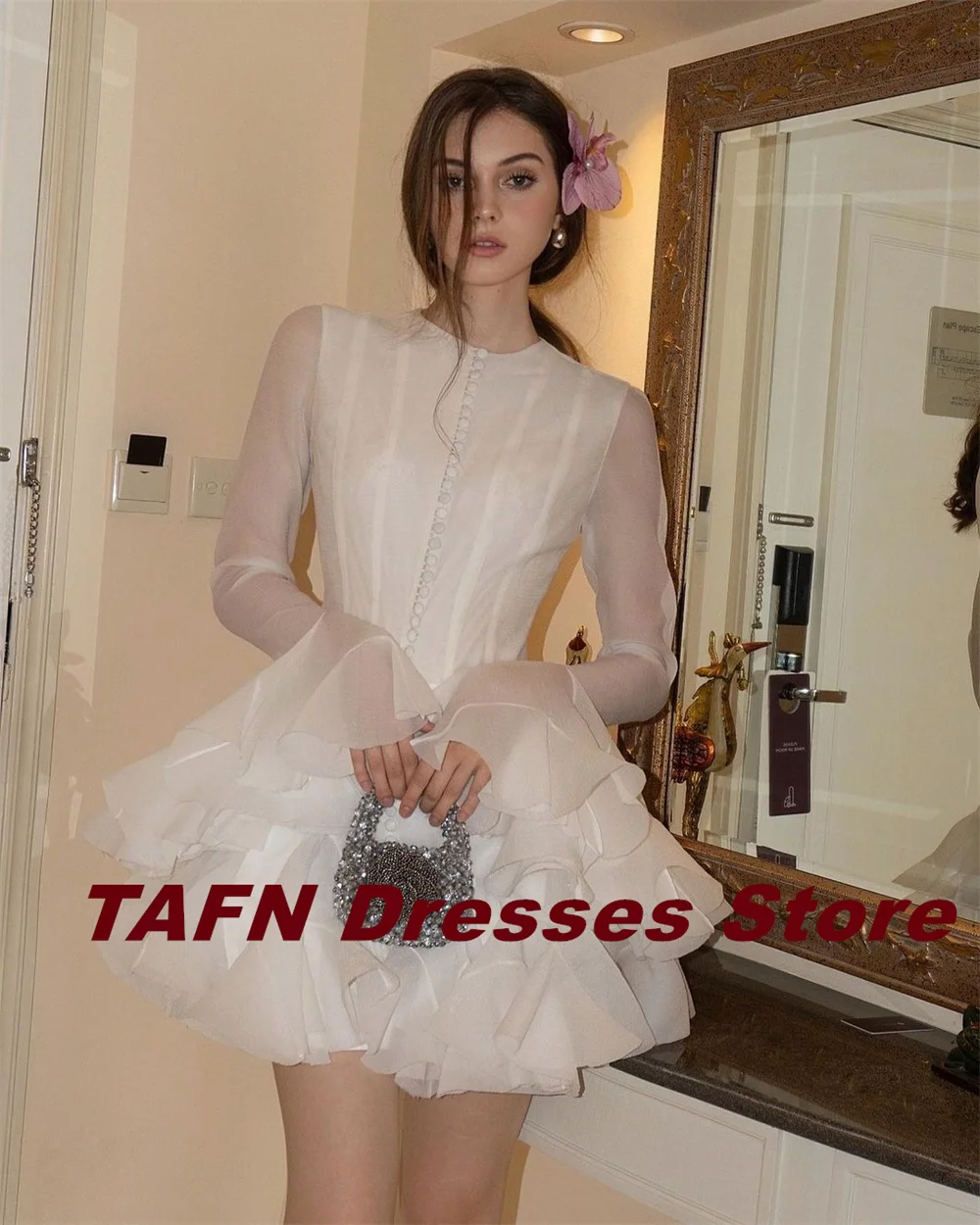 TAFN Short Homecoming Dresses O-Neck Long Flare Sleeves A-line Pleat Prom Gown Above Knee Fashionable Evening Party Dresses