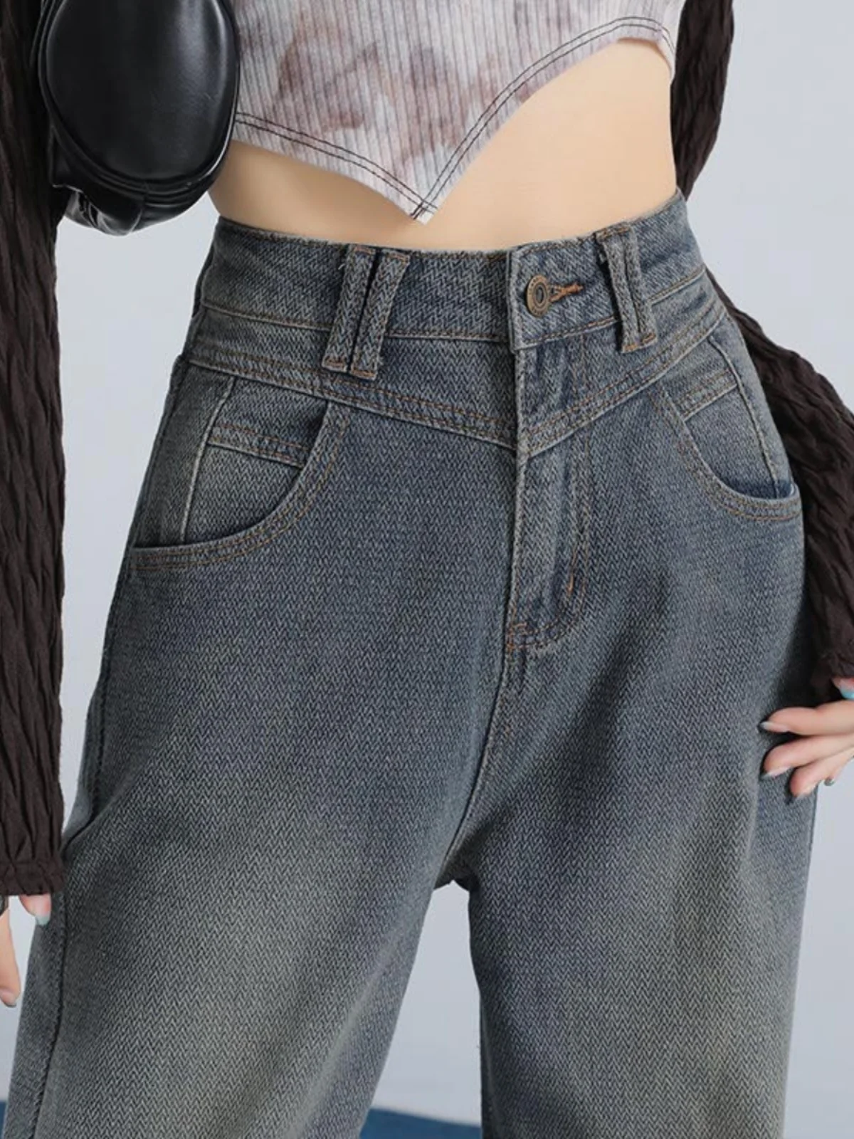 

American Retro High Waist Wide Leg Denim Jeans Women's Autumn Straight Loose Slimming Drape Design Short Size