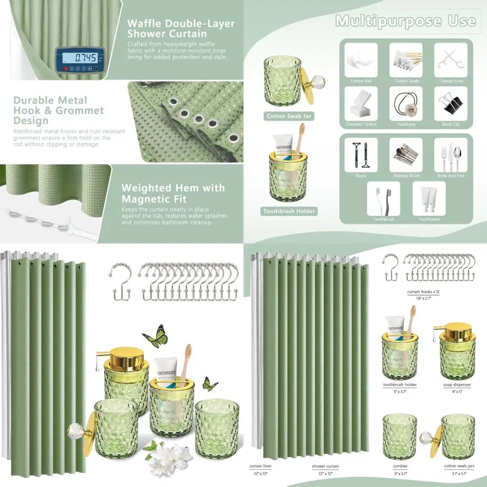 

Sage Green 5-Piece Bathroom Accessory Set: Shower Curtain, Soap Dispenser, Toothbrush Holder, Tumbler, Cotton Jars for Home Deco