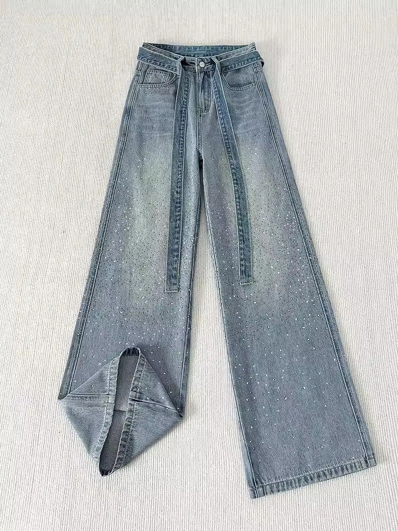 

American Retro Shiny Diamonds Women Jeans New High Waist Versatile Straight Trousers Streetwear Fashion Loose Denim Pants