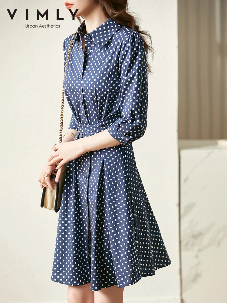 VIMLY Spring Summer Shirt Dress for Women Elegant Fashion Cotton Puff Sleeve A-line Blue Dot Vintage Dress Office Lady V0783