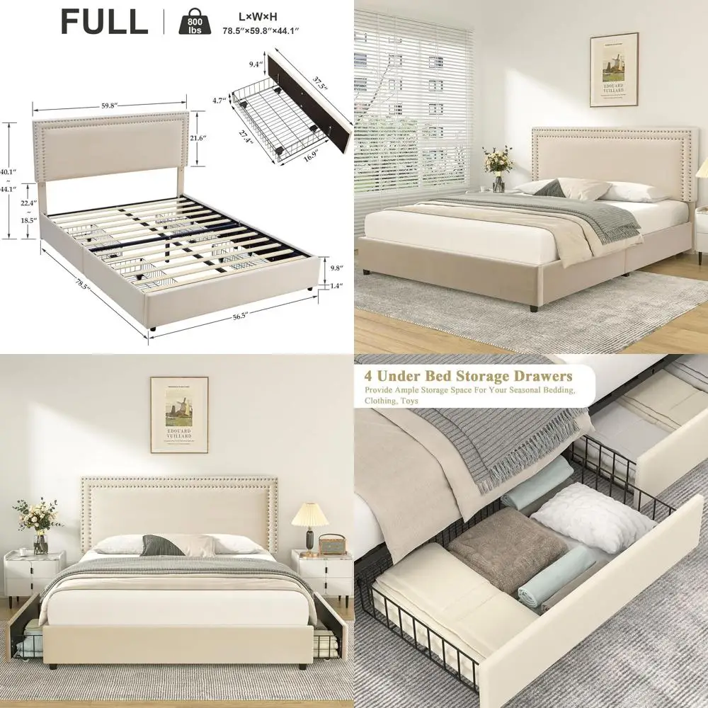 

Большая кровать-платформа с мягким изголовьем, 4 выдвижными ящиками для хранения, регулируемым бархатным изголовьем, деревянными ламелями, не требует пружинного блока.