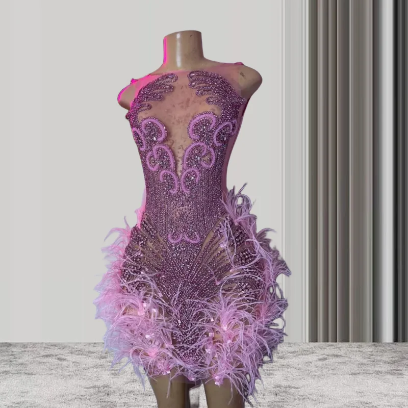 Purple Sexy Feather Short Prom Dresses For Black Girls Sheer African American Birthday Party Women Homecoming Cocktail Dresses