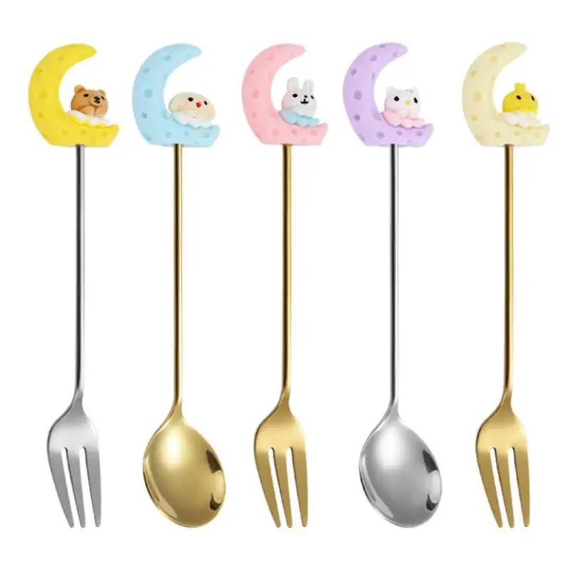 Stainless Steel Spoon Fork Stainless Steel Cute Dessert Spoon Cloth Wheel Light Dessert Kitchen Tool Moon Rabbit Spoon Fork Fork