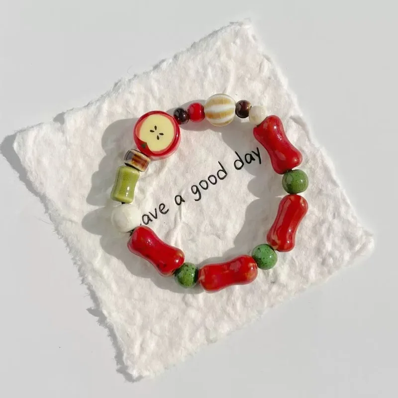 Handmade Apple Fruit Bone Bead Ceramic Bracelet Stretchable Boho Ethnic Jewelry Unique Gift image 3