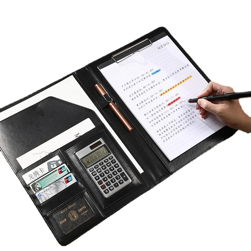 A4 PU Leather Portfolio com calculadora, pasta de arquivos, notebooks, titular do cartão, escritório do negócio, organizador do documento