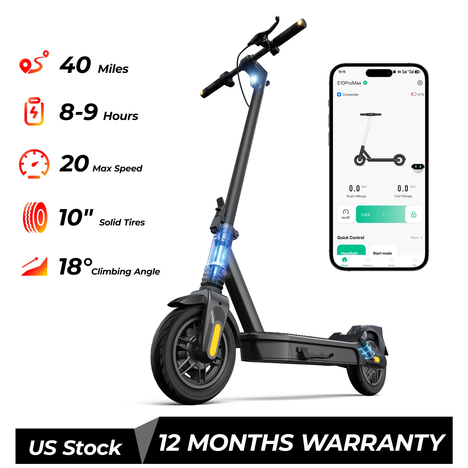 

Foldable Adult E-Scooter 1000/500W 20MPH 10/8.5 Inch Non-slip Tire 40/20 Miles Long Range Dual Shock Absorption APP Control