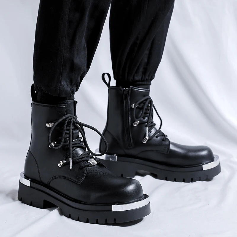 Men\'s Zipper Boots Luxury Brand Genuine Leather Casual Winter High Top Thick Bottom Men Italian Designer Punk Motorcycle Boots