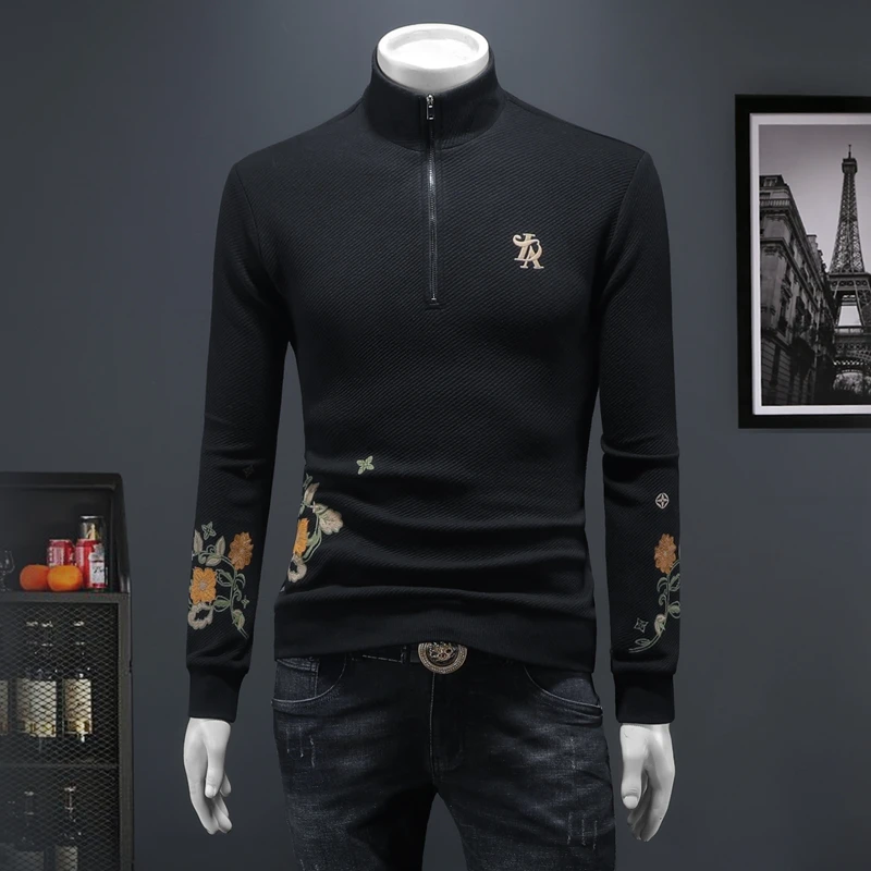 Camiseta Casual Bordada de Manga Longa com Gola Redonda, Camisa de Camada Base Moderna, Moletom Estiloso com Gola Alta para H...