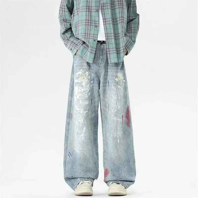 

Spring Summer New Men's Jeans Light Blue Washed Ink Splash Colorful Print SaltWashed Street Style Wide Leg Pants