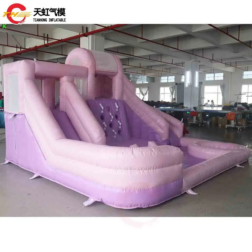 2025 nouveau Design 5x4m violet rose gonflable videur 3 en 1 château gonflable avec toboggan et piscine à balles