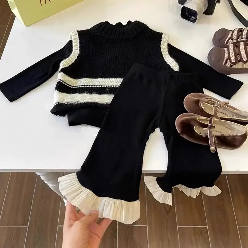 Three Piece Set Girls\' Spring and Autumn Set 2023 New Color Matching Woolen Vest Girl Knitted Bottom Shirt Flare Pants