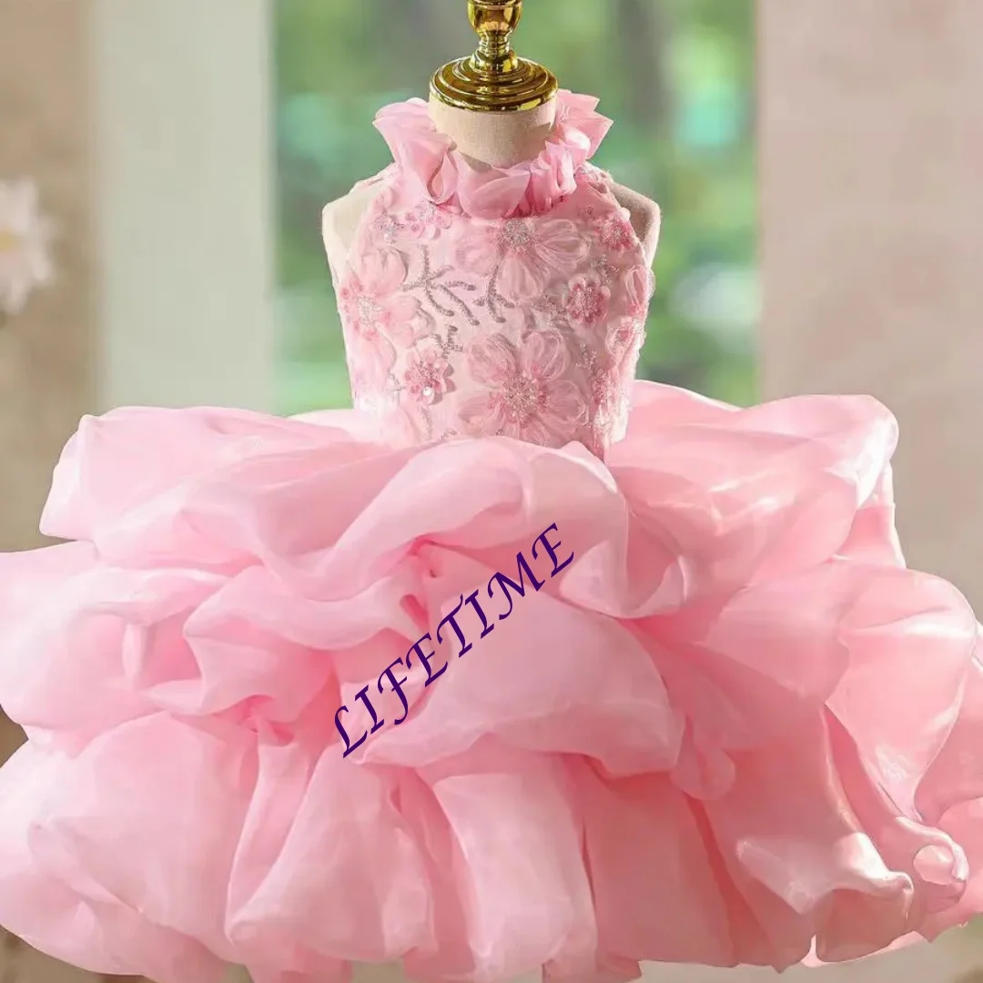 CustomizedPink Flower Girl Dress High Neck Beaded Knee Length Princess Kids Wedding Birthday Party Pageant Formal Gown